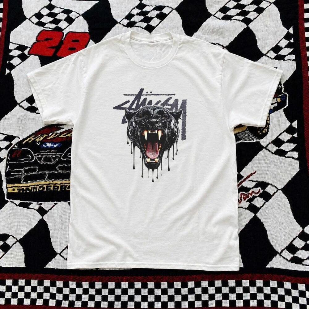 White StSsy Graphic Tee With Black And Grey Graphic